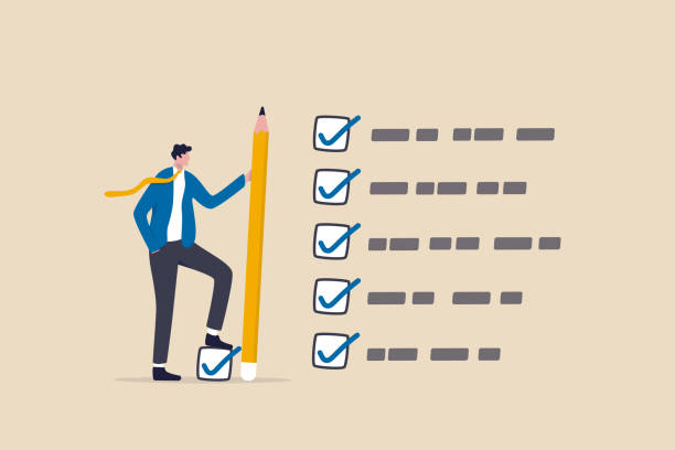 Getting things done, completed tasks or business accomplishment, finished checklist, achievement or project progression concept, businessman expert holding pencil tick all completed task checkbox. vector art illustration
