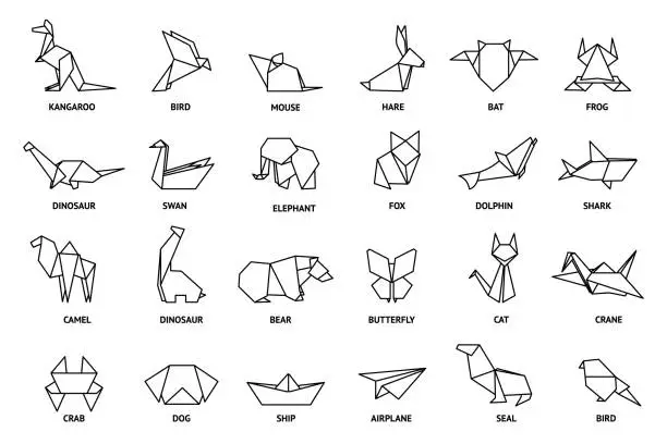 Vector illustration of Origami animals. Paper figures. Crane bird icons. Fox and dog folded shapes. Geometric cat and dolphin. Japan swan silhouette. Airplane and ship. Modern hobby. Vector abstract toys set