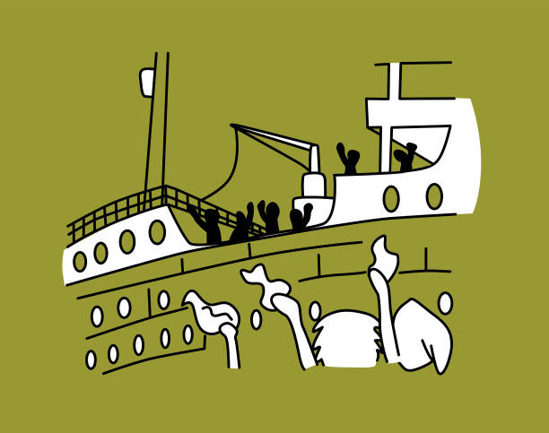 People, crowd saying goodbye to passengers on a transatlantic of the 20 th century. Cartoon basic hand drawn style vector illustration.