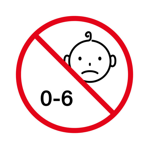 verboten für kinder unter 6 jahren piktogramm. nicht geeignetes untergeordnetes rotes stopp-umrisssymbol verbieten. sperren sie baby alter sechs jahre black line icon. keine erlaubte gefahr spielzeugschild. isolierte vektorillustration - 6 7 years stock-grafiken, -clipart, -cartoons und -symbole