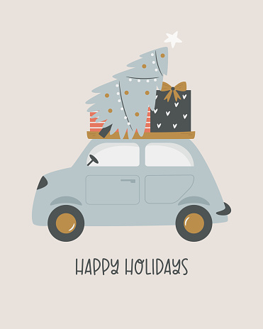 Christmas holiday card with vintage car, tree and gifts
