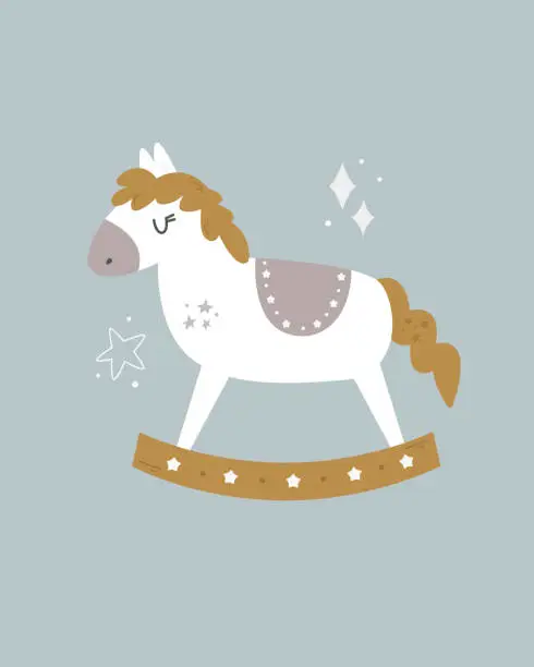 Vector illustration of Christmas holiday card with cute childish rocking horse