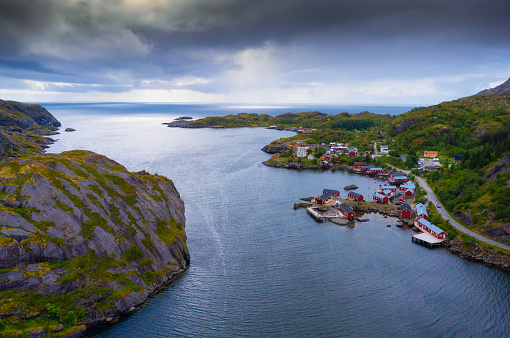 Aerial view of Nusfjord fishing village on Lofoten Islands in Norway. Nusfjord is located on the southern shore of the island of Flakstadoy, along the Vestfjorden.