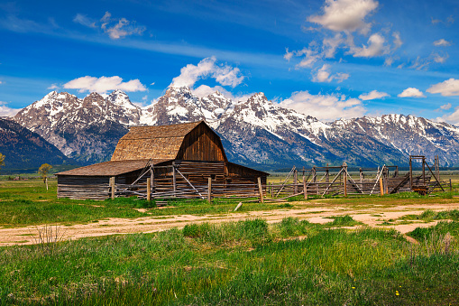 Historic John Moulton Barn at Mormon Row in Grand Teton National Park on a sunny summer day, with snowcapped Teton Mountain Range in the background.