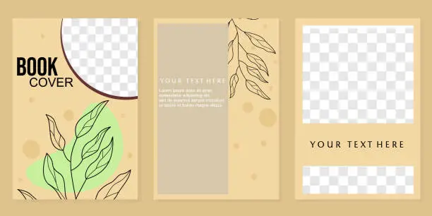 Vector illustration of brown natural theme book cover template. background with hand drawn leaf elements