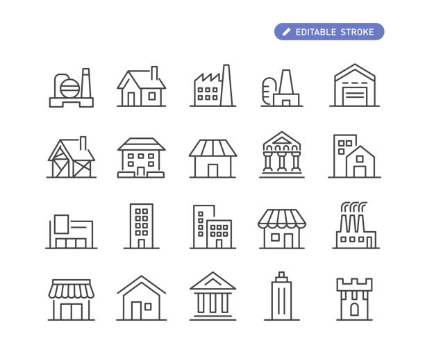 иконки здания - серия линии - industry construction house built structure stock illustrations