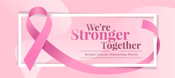 we are stronger together, breast cancer awareness month text in white frame and pink ribbon rolling around on curve soft pink background vector design - beast cancer awareness 幅插畫檔、美工圖案、卡通及圖標