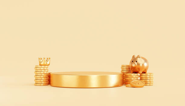 金貨のお金の積み重ねと表彰台座の背景3dイラスト製品配置のための空のディスプレイシーンプレゼンテーションと金の貯金箱 - pedestal gold podium capital ストックフォトと画像