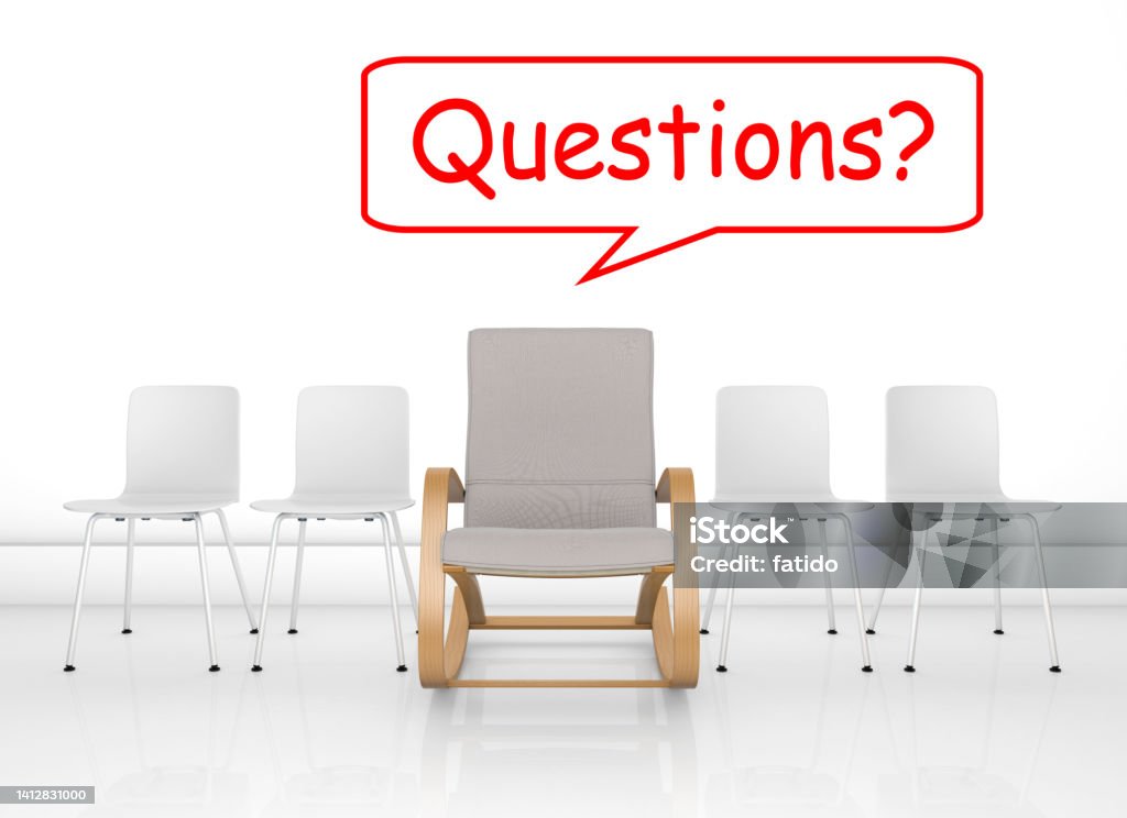 Different chair, question mark, teamwork and leadership concept Q and A Stock Photo