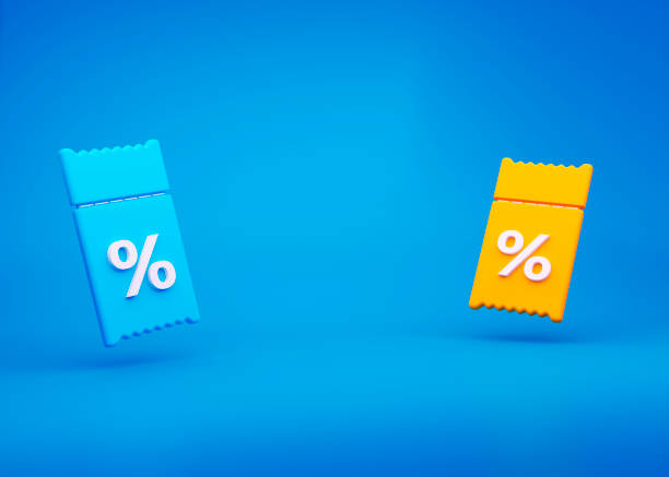 istock Yellow and blue 3D coupons with discounts on blue background. 3d voucher gift. A ticket with a percentage discount. 3d rendering illustration.. 1412831457