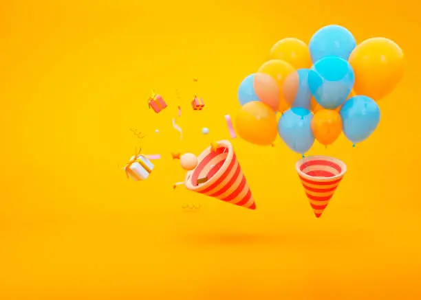 Photo of 3d poppers with gift, confetti, stars and bunch of balloons blue and yellow colors. Happy Birthday, anniversary. 3d rendering illustration on yellow background.