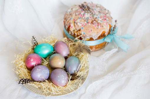 Russia. Saint-Petersburg. Easter. Easter cakes and painted eggs.
