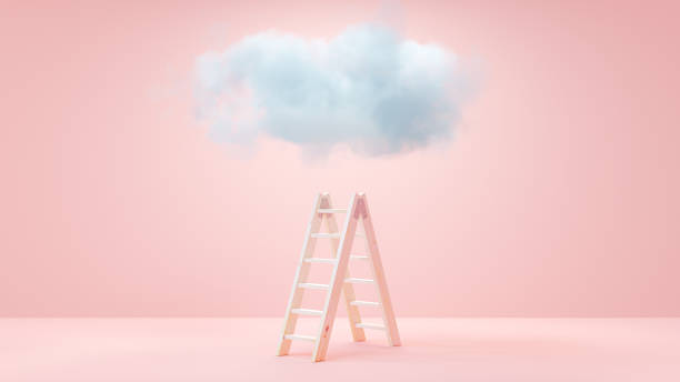 istock Blue clouds float on wooden ladder in a pink room. 1412833641