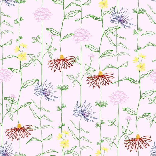 Vector illustration of Hand Drawn Floral Seamless Pattern with Flowers and Leaves. Watercolor, Acrylic Painting Floral Pattern. Design Element for Greeting Cards and Wedding, Birthday and other Holiday and Invitation Cards.