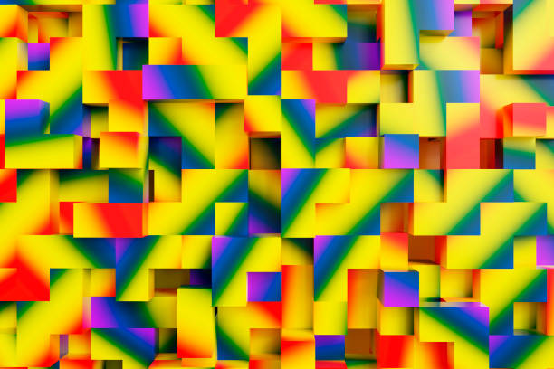 LGBT background with colorful abstract geometric wall with cubes. Background horizontal format with rainbow colors and offset elements. 3d image.