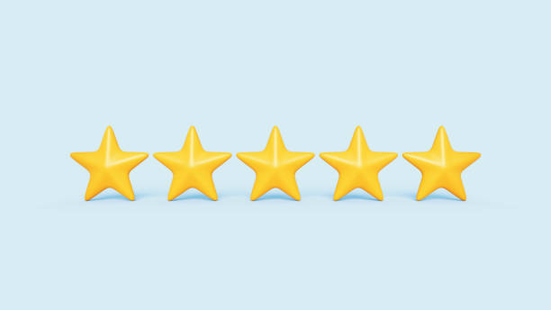 istock Five golden rating stars standing on light blue background. 3d render illustration 1412834880