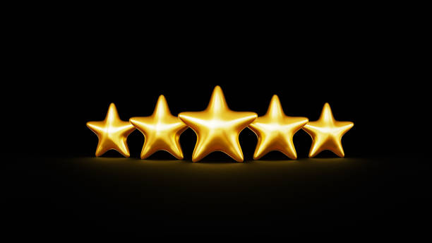 istock Five golden rating stars standing on black background. 3d render illustration 1412834892