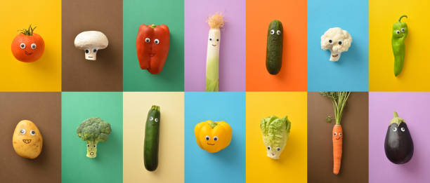 zestaw kolorowych zabawnych warzyw z twarzą - eggplant group of objects raw food eating zdjęcia i obrazy z banku zdjęć