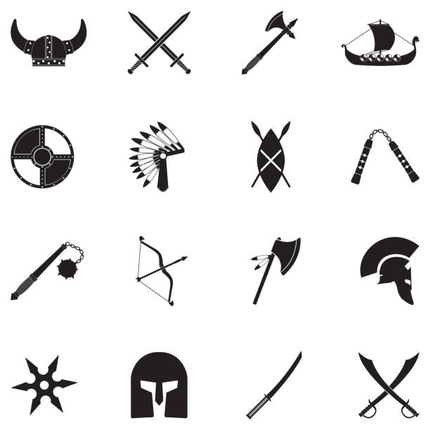 ilustrações de stock, clip art, desenhos animados e ícones de ancient warrior icons. black flat design. vector illustration. - nunchaku
