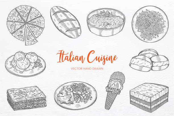 ilustraciones, imágenes clip art, dibujos animados e iconos de stock de colección de conjuntos de cocina de italia con vector de boceto dibujado a mano - croquetas