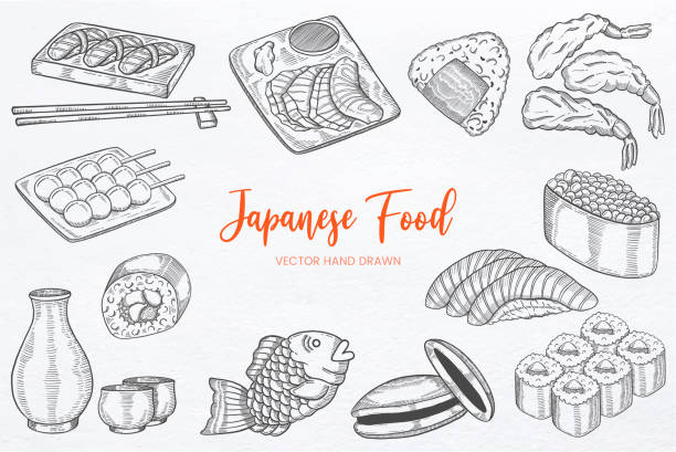 ilustraciones, imágenes clip art, dibujos animados e iconos de stock de colección de conjuntos de comida japonesa o japonesa con vector de boceto dibujado a mano - sashimi