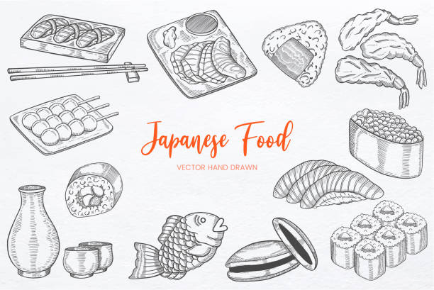 Japan or japanese food set collection with hand drawn sketch vector Japan or japanese food set collection with hand drawn sketch vector illustration maki sushi stock illustrations
