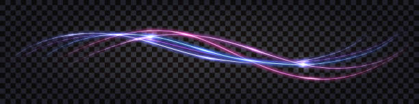 neon leuchtende wirbelwelle, elektrischer lichteffekt. lila und blaue kurvenlinien, cyber-technologie, glasfaser, isoliertes designelement auf dunklem transparentem hintergrund.  vektor-illustration - glasfaser stock-grafiken, -clipart, -cartoons und -symbole