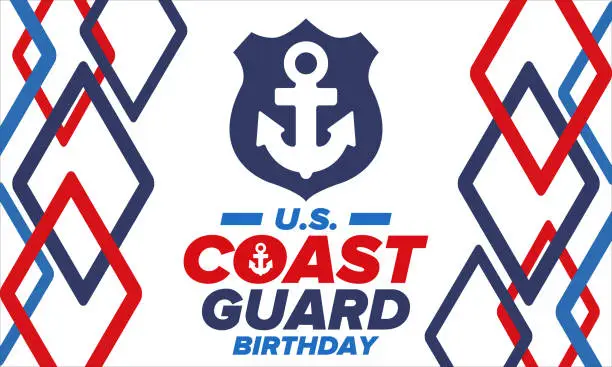 Vector illustration of U.S. Coast Guard Birthday in United States. Federal holiday, celebrated annual in August 4. Sea style. Design with anchor and shield. Patriotic element. Poster, greeting card, banner and background. Vector