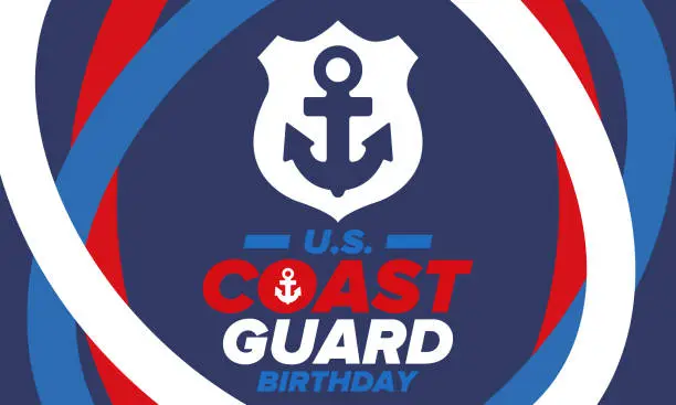 Vector illustration of U.S. Coast Guard Birthday in United States. Federal holiday, celebrated annual in August 4. Sea style. Design with anchor and shield. Patriotic element. Poster, greeting card, banner and background. Vector