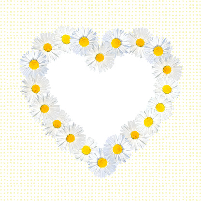 Heart Shaped Frame  with Close-up Daisies Pattern. Design Element for Easter Greeting Cards, Bridal Shower and Wedding Cards.