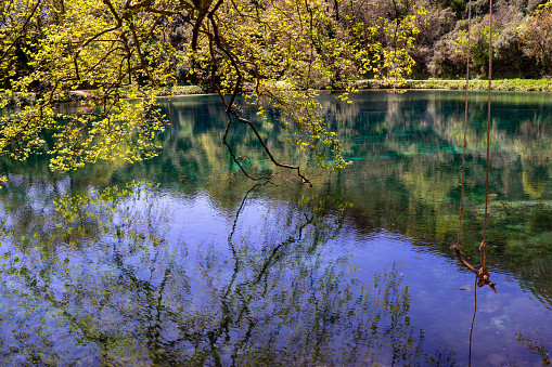 Gorgeous Gökpınar pond with its clear turquoise water and underwater plants in green nature, Sivas - Gürün TURKEY