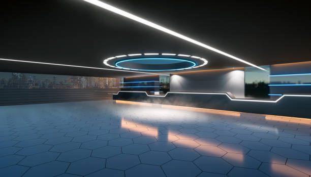 istock 3d rendering of empty space inside futuristic showroom, spaceship, hall or studio in perspective view. 1412844820