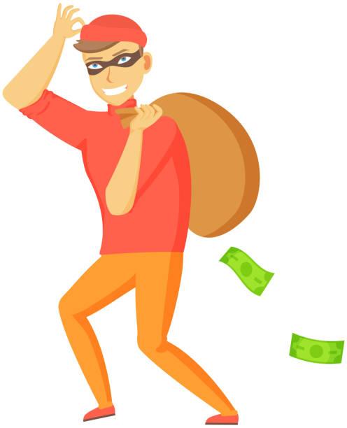 Cartoon thief carrying big money bag. Man walking carefully, bandit carries sack with money Cartoon thief carrying big money bag. Man walking carefully, bandit carries sack with money. Funny burglar isolated on white. Dangerous criminal insidious cunning thief dressed in dark mask fast cartoon burglar stock illustrations