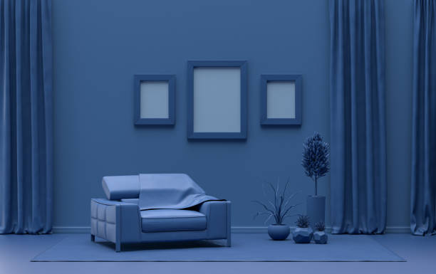 istock Gallery wall with three frames, in single blue color room and plants 1412847350