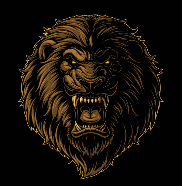 istock Vector illustration, a ferocious wild lion with an open mouth, growls 1412847548