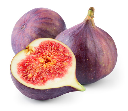 Fresh fig isolated. Figs with slice on white background. Fig - whole and a half. With clipping path.