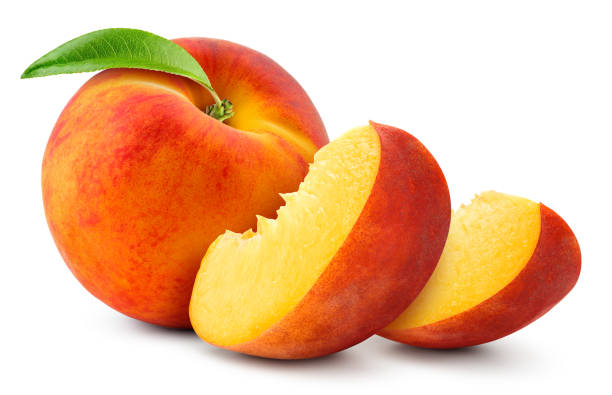 istock Peach isolated. Whole peach with  slices on white background. Peach fruit with leaf cut out. With clipping path. Full depth of field. 1412852435