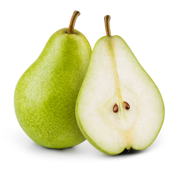 istock Pears isolated. One and a half green pear fruit on white background. Pear slice. With clipping path. Full depth of field. 1412852504