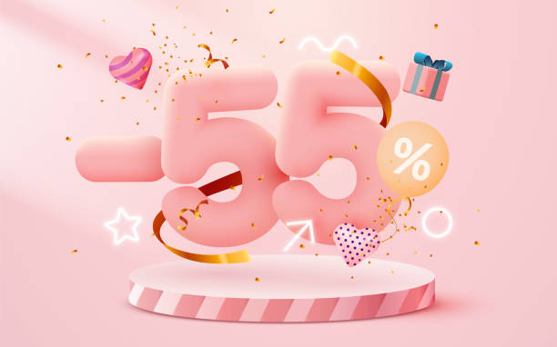 istock 55 percent Off. Discount creative composition. 3d sale symbol with decorative objects, balloons, golden confetti, podium and gift box. Sale banner and poster. 1412852755