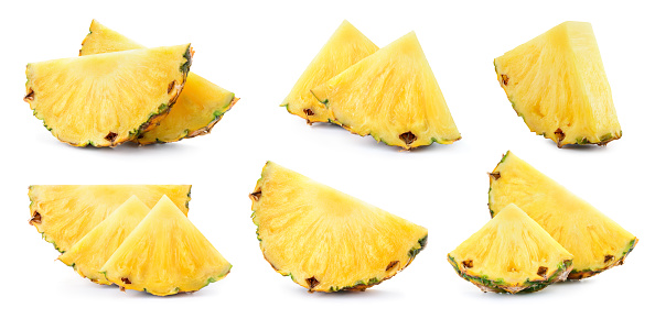 Pineapple slice isolated. Pineapple slices collection on white background. Fresh pineapples set. Full depth of field.