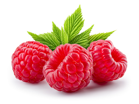 Raspberry isolated. Red raspberries with green leaf isolate. Raspberry with leaves isolated on white background. With clipping path. Full depth of field.