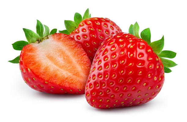 strawberries isolated. strawberry whole and a half on white background. strawberry slice. with clipping path. full depth of field. - traçado de recorte imagens e fotografias de stock