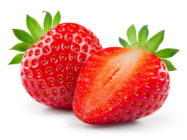 istock Strawberries isolated. Strawberry half and whole with leaf isolate. Two strawberries on white background with clipping path. Side view. Full depth of field. 1412854422