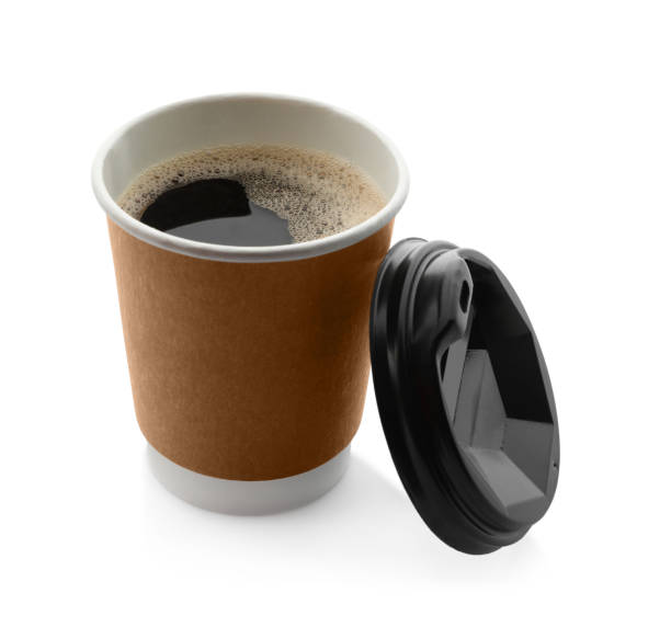 istock Aromatic coffee in takeaway paper cup and lid on white background 1412854510
