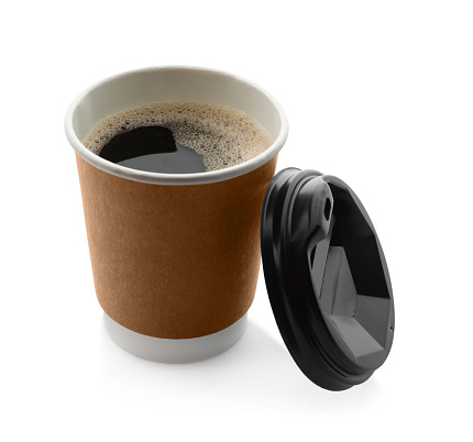 Aromatic coffee in takeaway paper cup and lid on white background