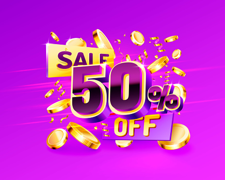 50 Off. Discount creative composition. 3d sale symbol with decorative objects, golden confetti, podium and gift box. Sale banner and poster. Vector illustration.