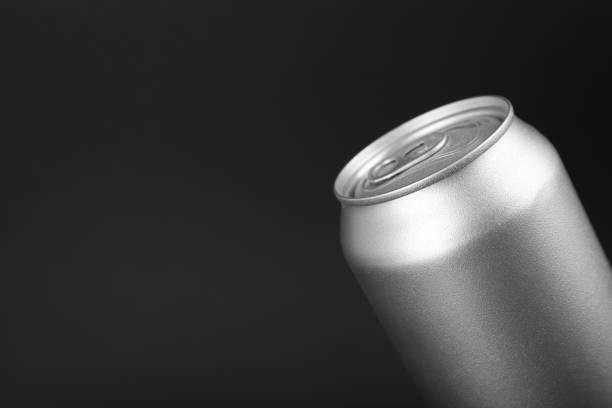 istock Can of energy drink on black background, closeup. Space for text 1412855284