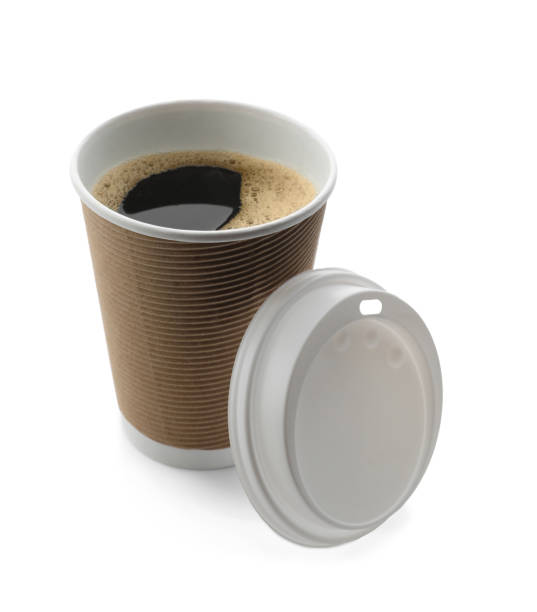 istock Aromatic coffee in takeaway paper cup and lid on white background 1412855611
