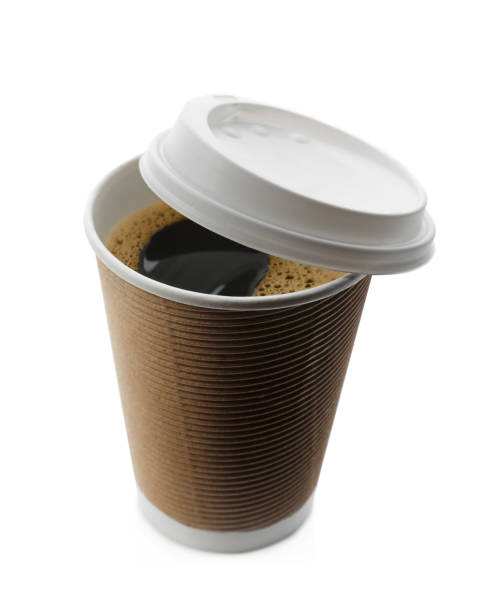 istock Aromatic coffee in takeaway paper cup and lid on white background 1412855614