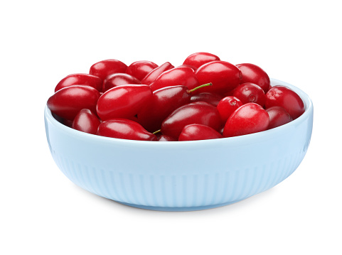 Aerial view of a plate with cherries.